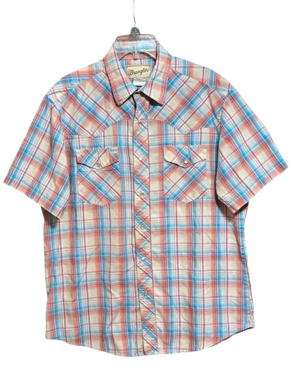 Wrangler Men’s Pearl Snap Short Sleeve Plaid Shirt - Blue & Red L